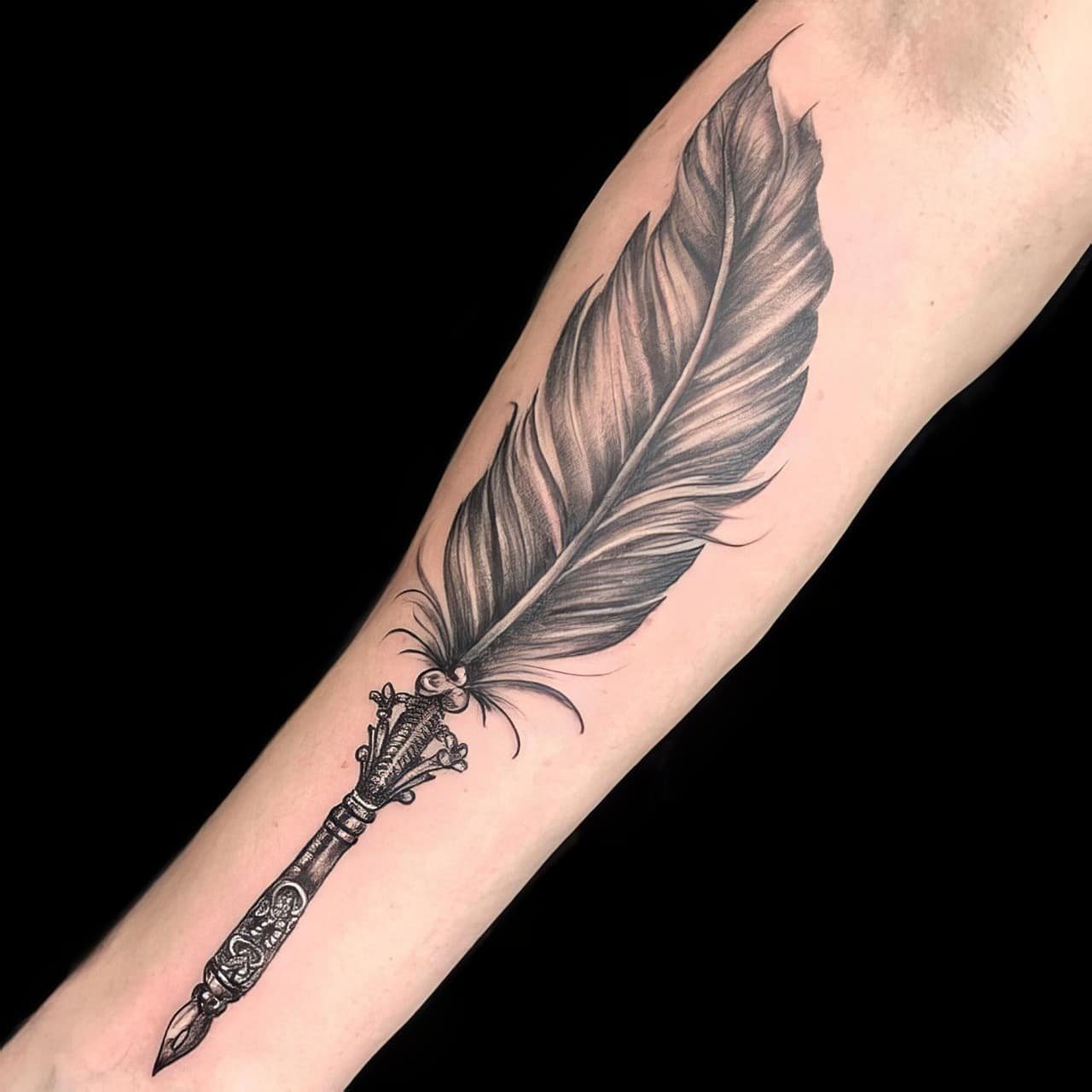 Neotraditional feather pen tattoo - Bunker Tattoo - Quality tattoos
