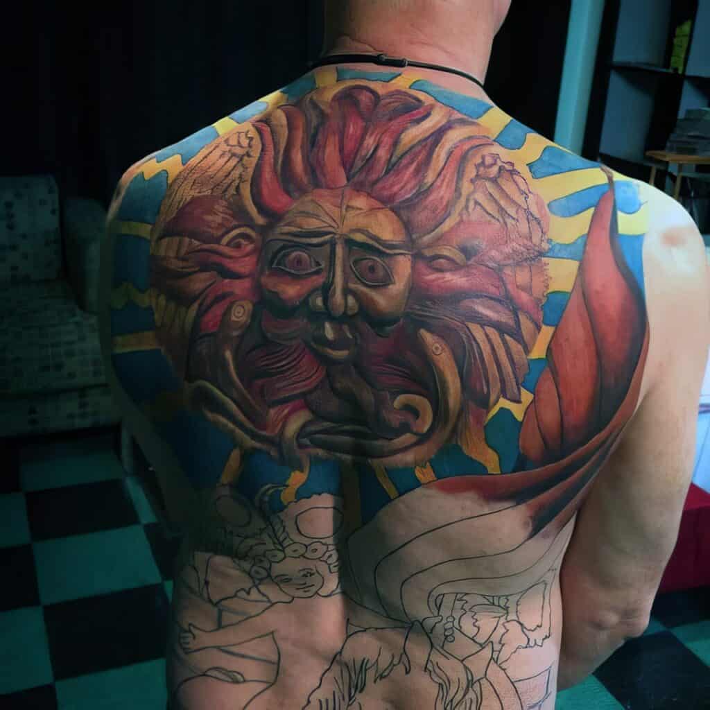 sun tattoo on back | Sun tattoo designs, Mandala tattoo, Sun tattoo