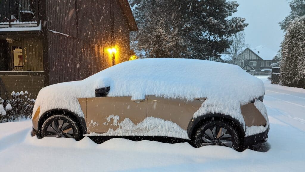 2023 Nissan Ariya in a foot of snow