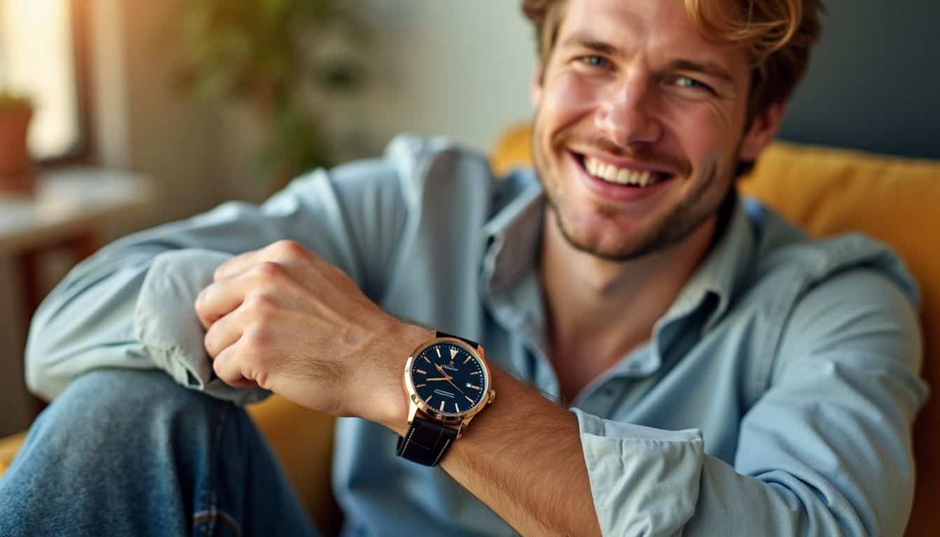 A man in his 30s sits comfortably, wearing a stylish replica watch.