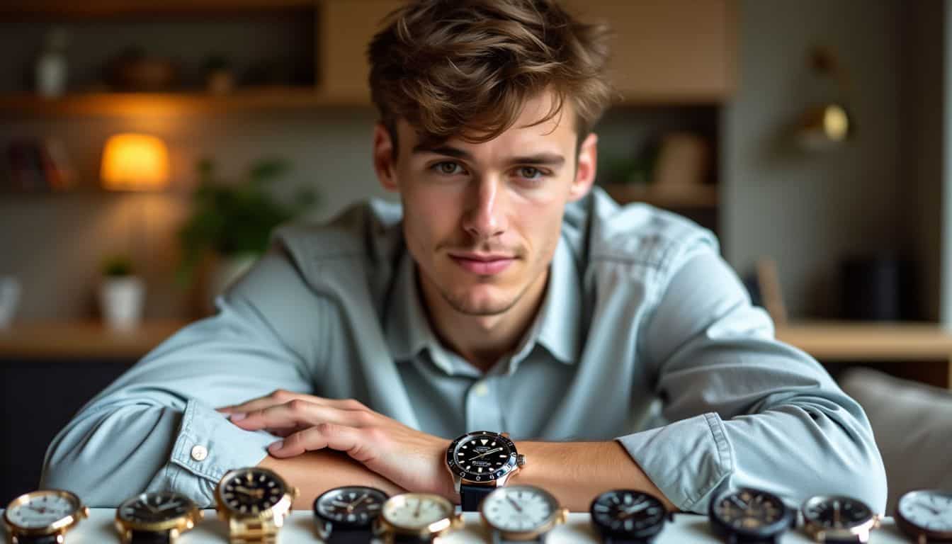 A young man examines replica watches in a cozy home setting.