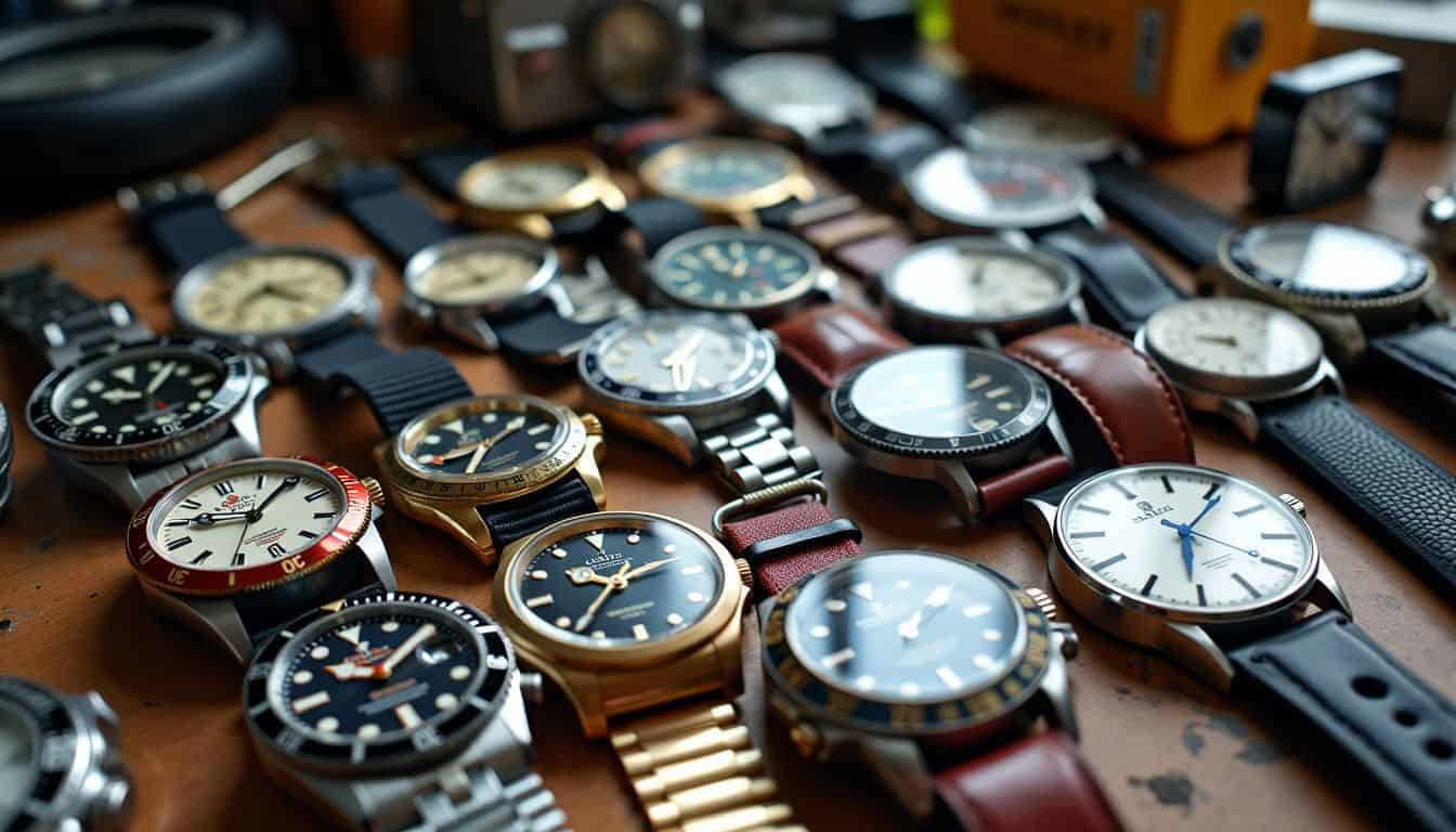 A cluttered workbench displaying various watch replicas in different styles.