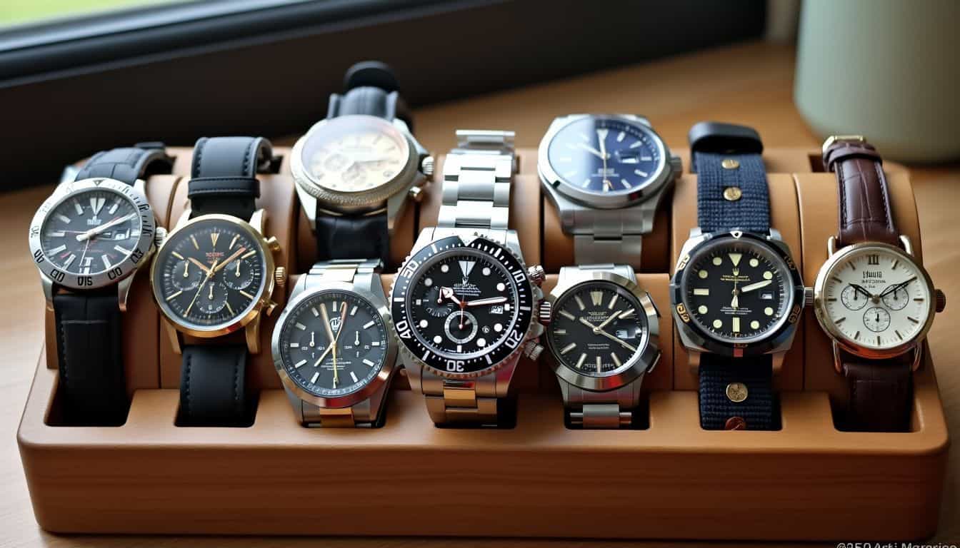 A collection of diverse replica watches displayed on a wooden organizer.