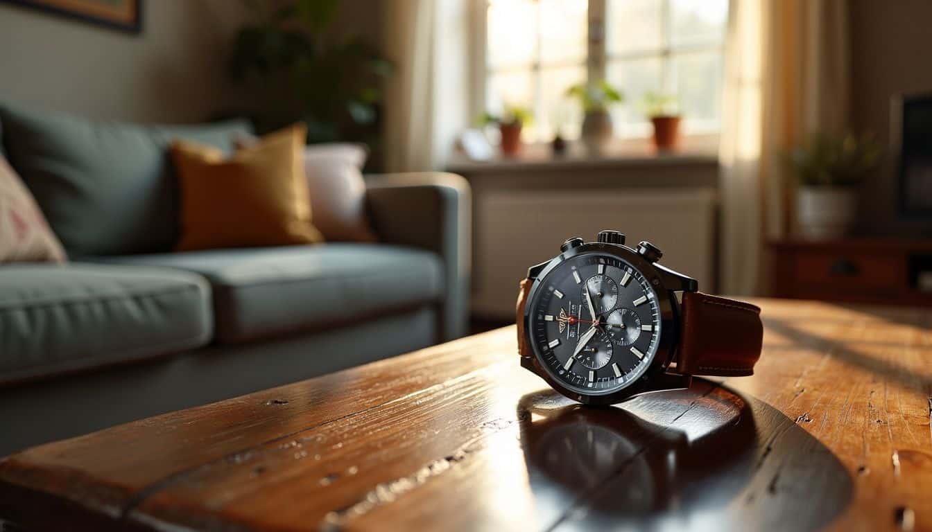 A replica watch is showcased on a wooden table in a living room.