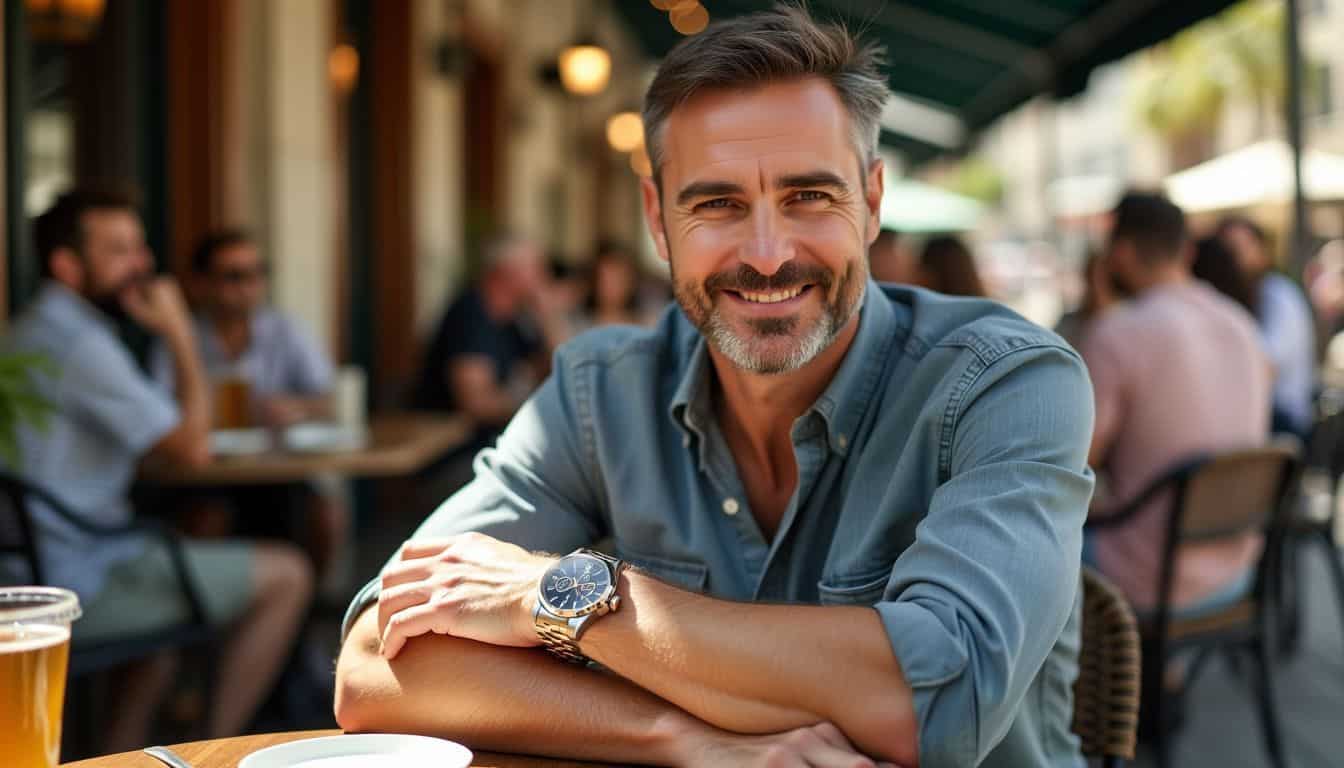 A man at an outdoor café confidently showcases his expensive watch.