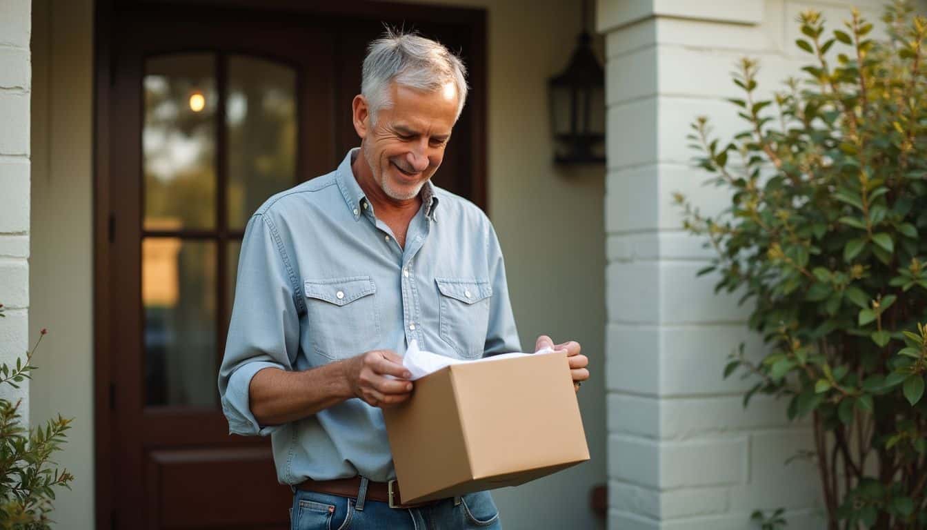 A man unwraps a package containing a luxurious replica watch.