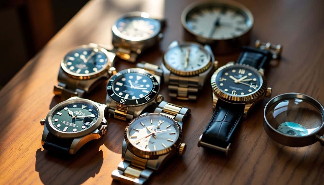 A variety of replica watches displayed with a magnifying glass.