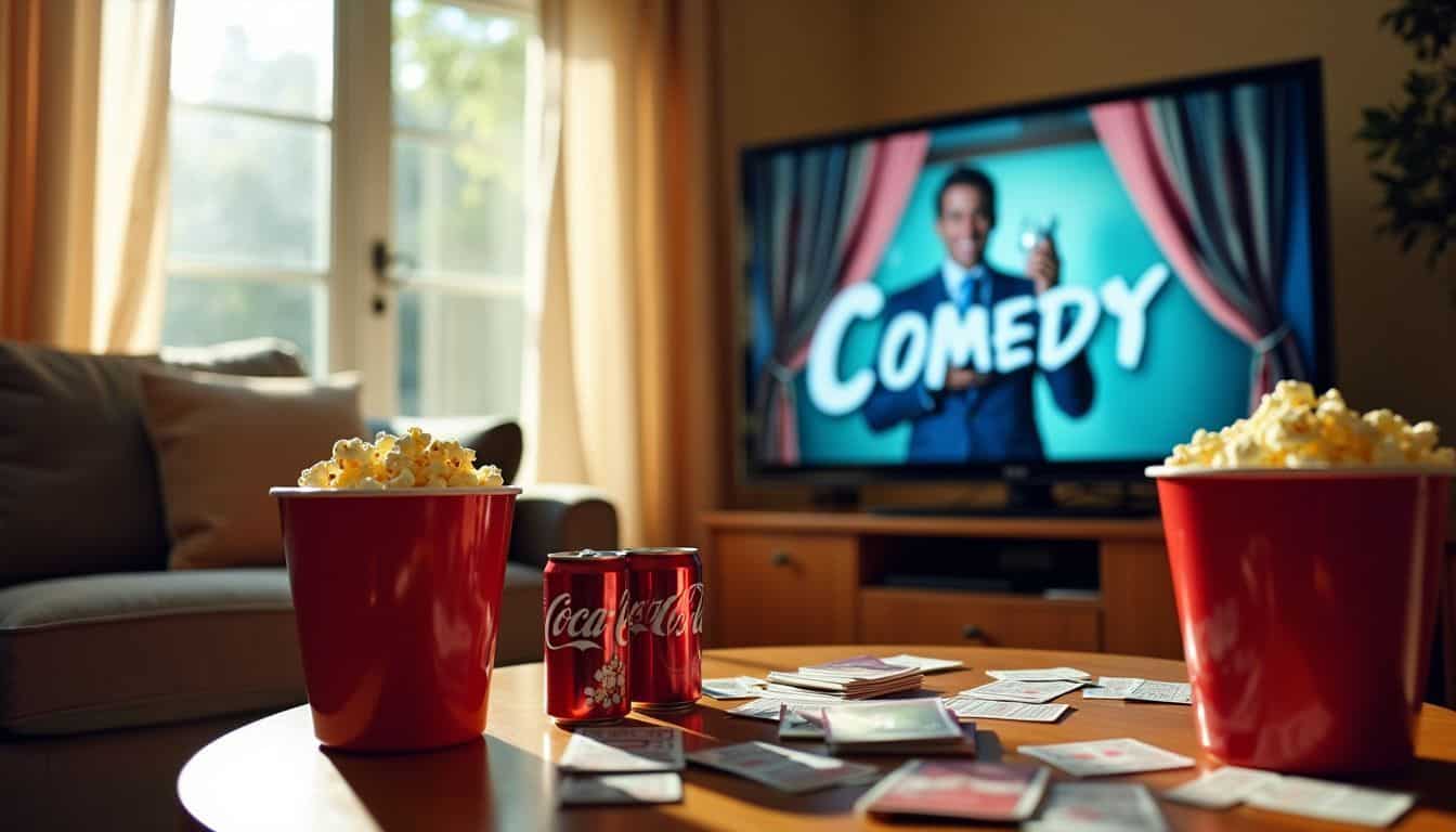 A cozy living room with a large TV playing a comedy movie.