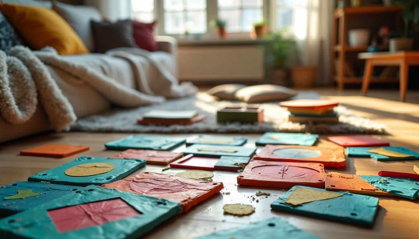 A variety of homemade board games laid out in a cozy living room setup.