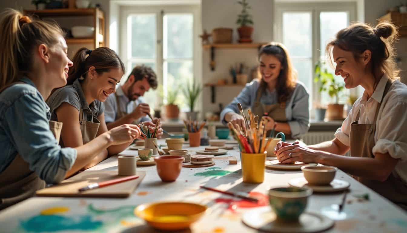 A cozy workshop with friends enjoying pottery and painting.