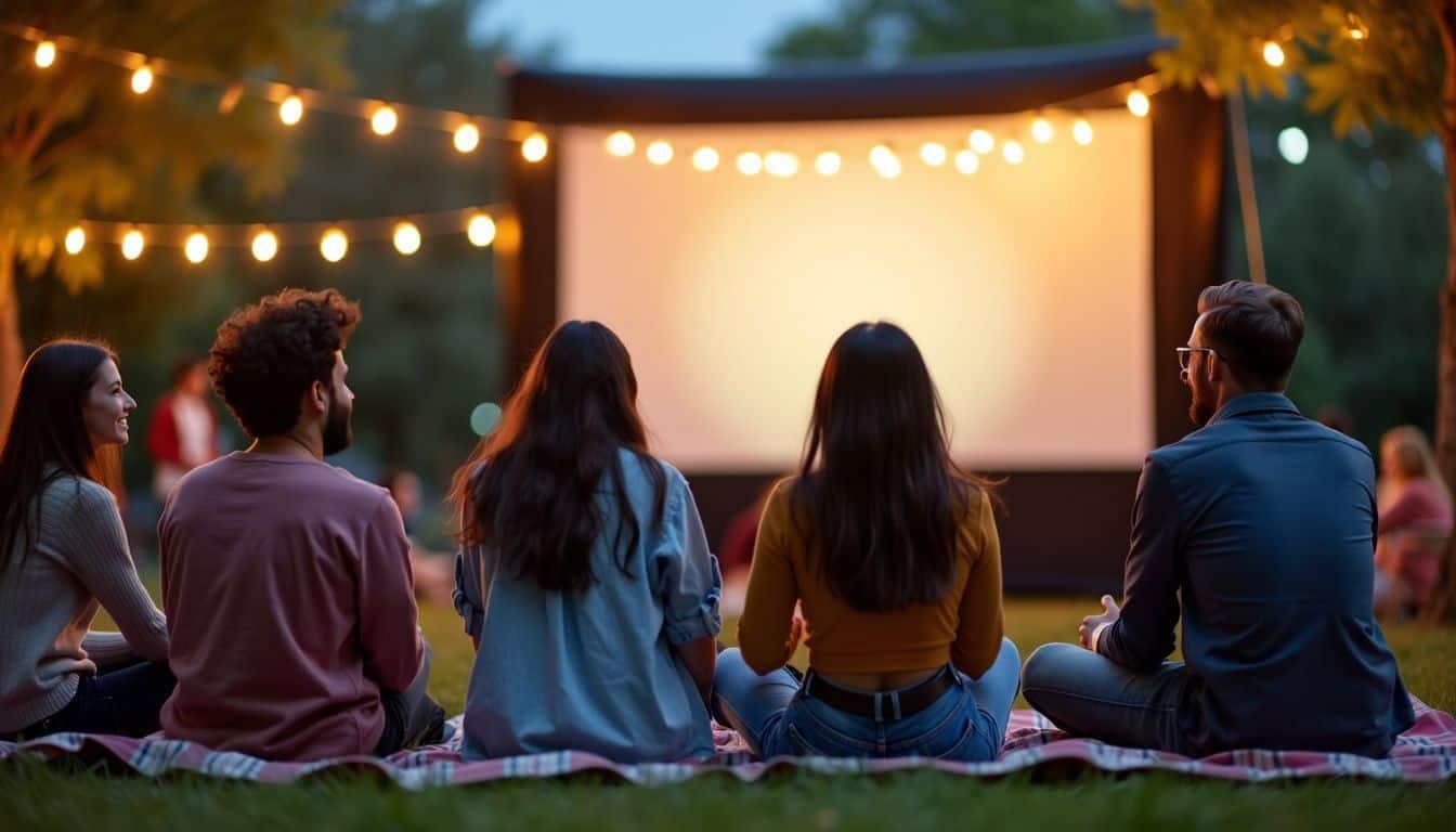 A group of friends enjoys an outdoor movie night in the park.