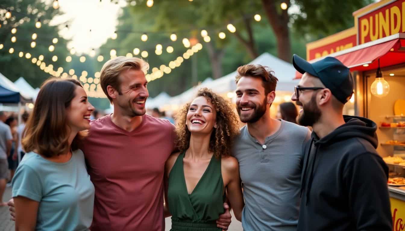 A group of five friends enjoying a food festival together.