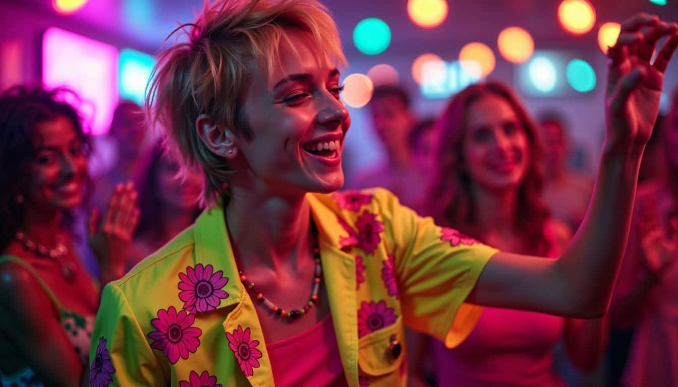 A young adult in an 80s themed outfit dances at a party.