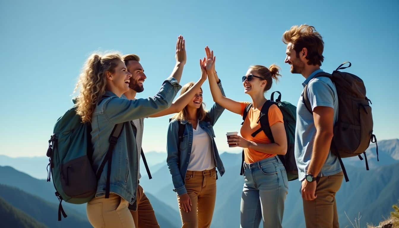 Five young adults celebrate atop a mountain after a successful hike.