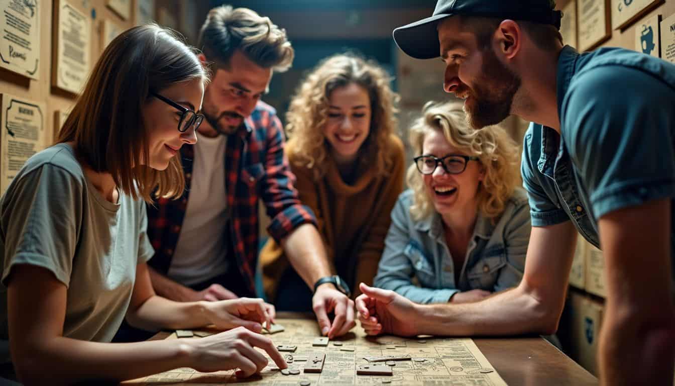 Four friends solving puzzles in a themed escape room.