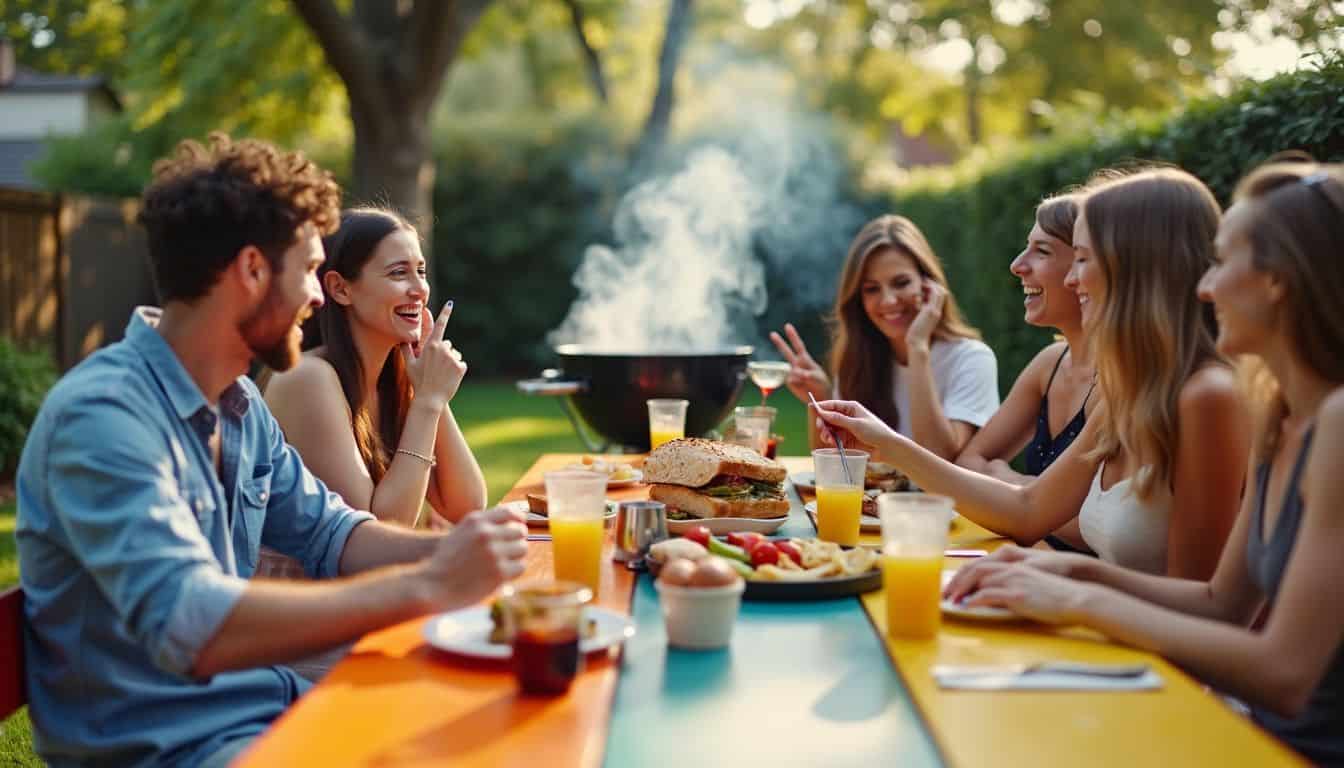 Friends enjoying a casual summer barbecue in a backyard.