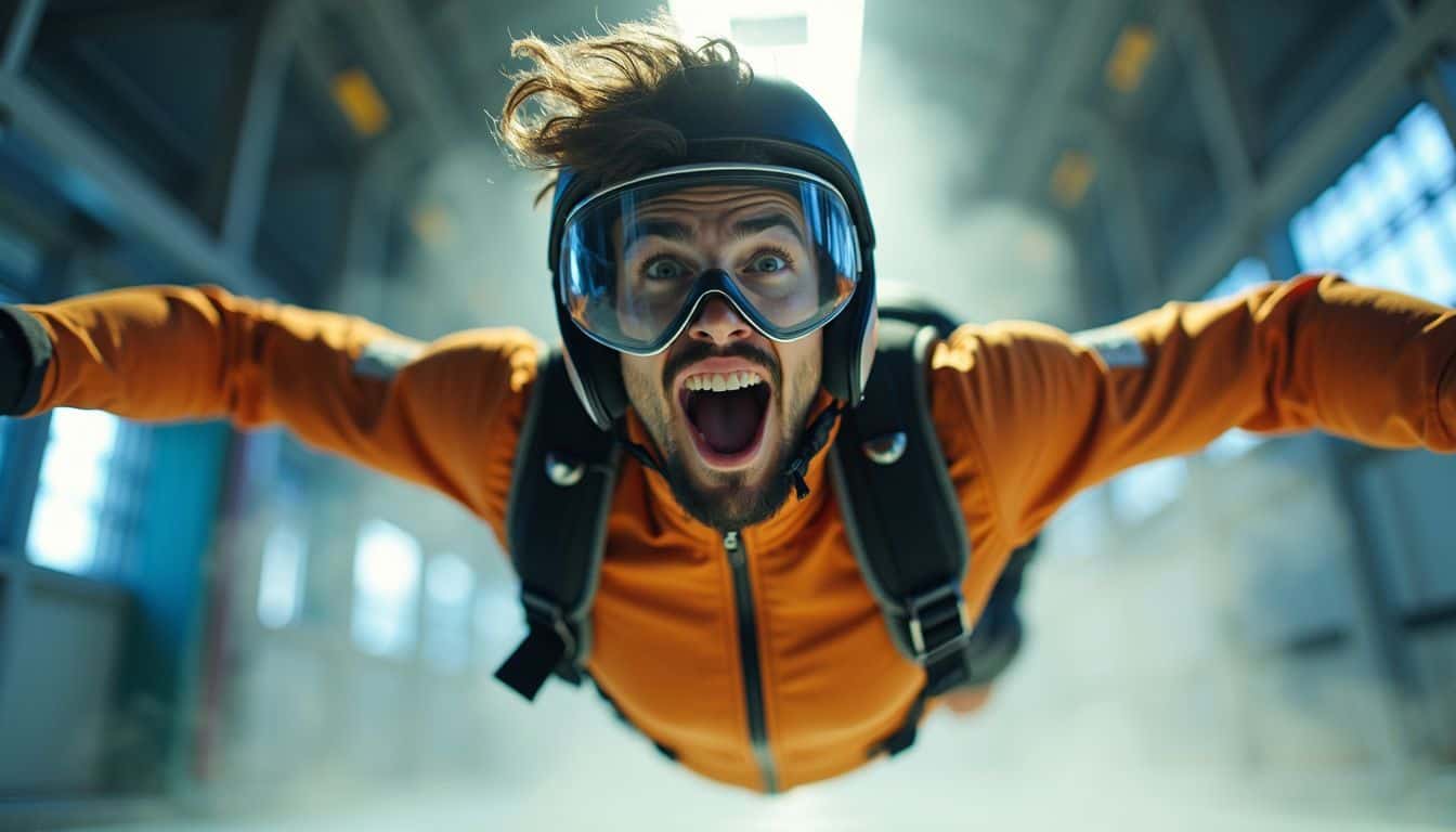 A young man enjoys indoor skydiving in a wind tunnel.