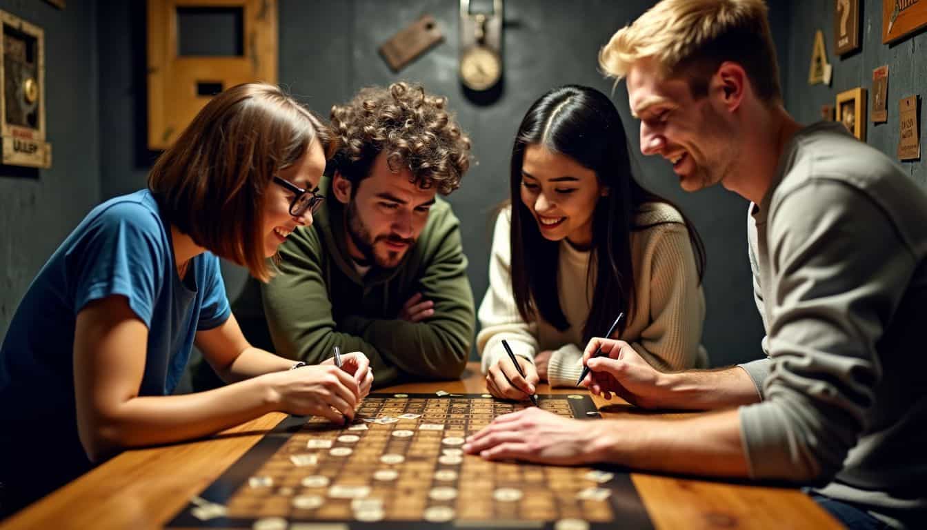 Four friends in their mid-20s working together to solve an escape room puzzle.