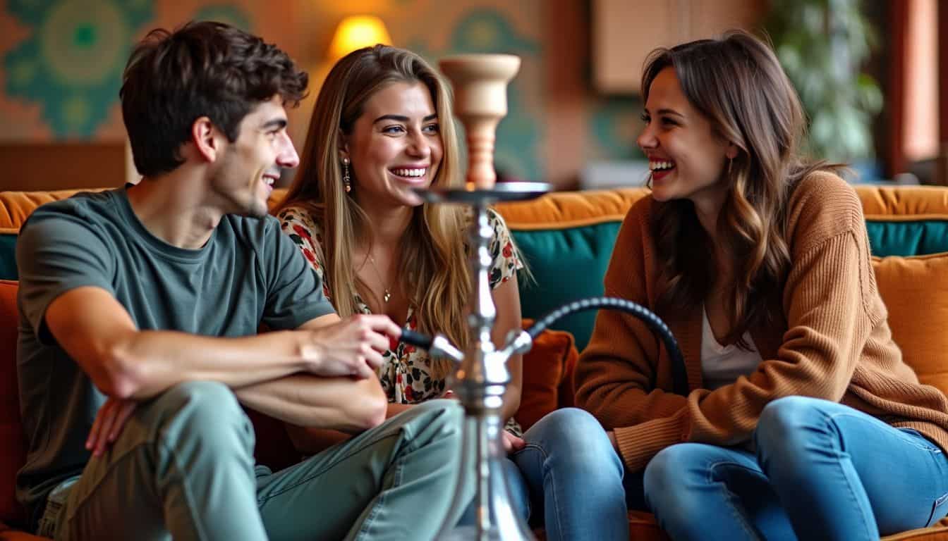 Three friends enjoying flavored hookah in a lively lounge.