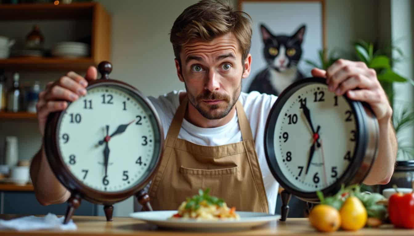 A man in a chef's apron comparing two large clocks.