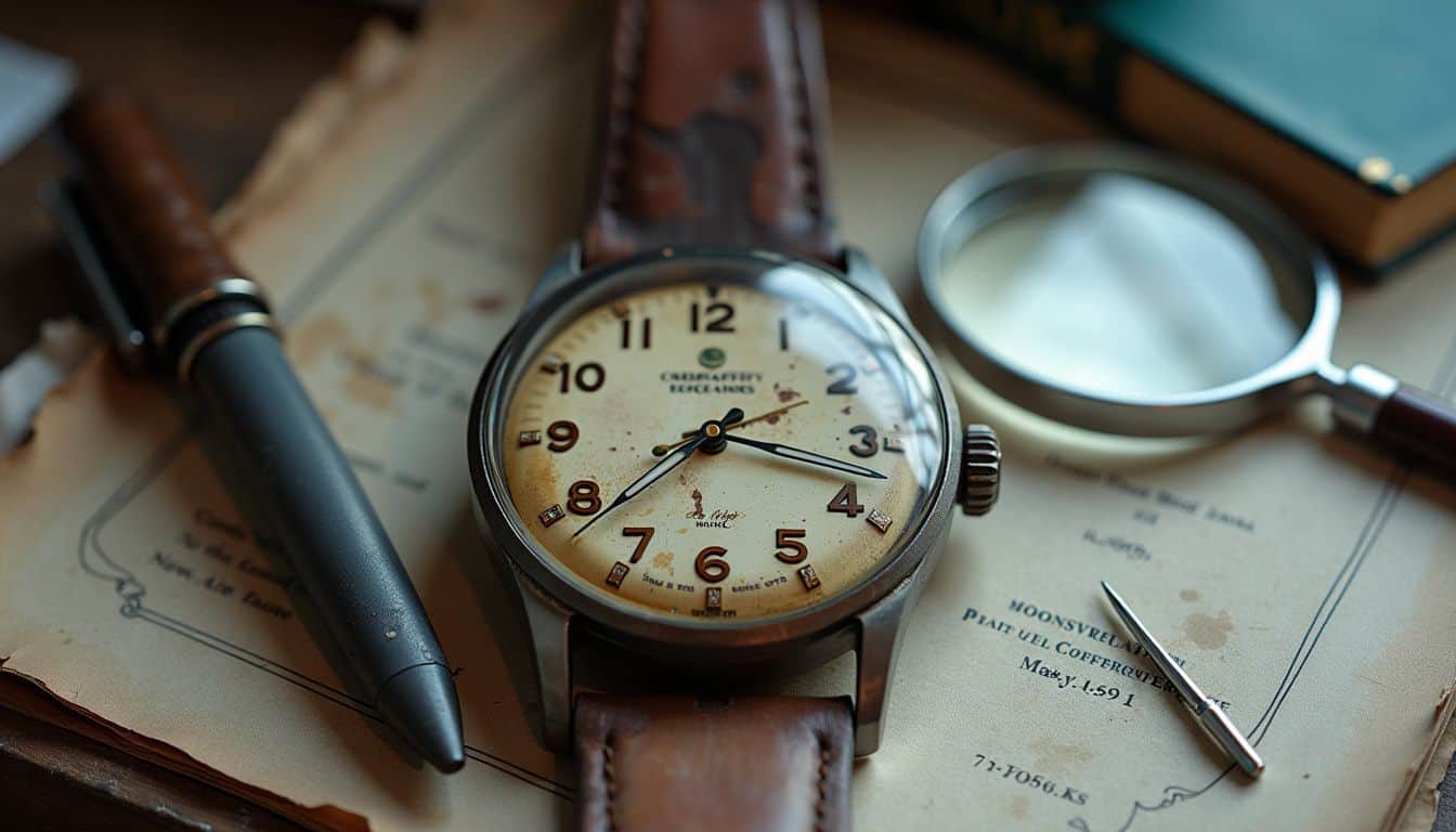 A worn watch on a cluttered desk being inspected with a magnifying glass and guidebook for identifying counterfeit watches.