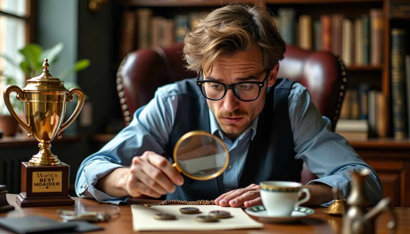 A man reading a pocket watch collection while a robot spills tea in a cluttered study.