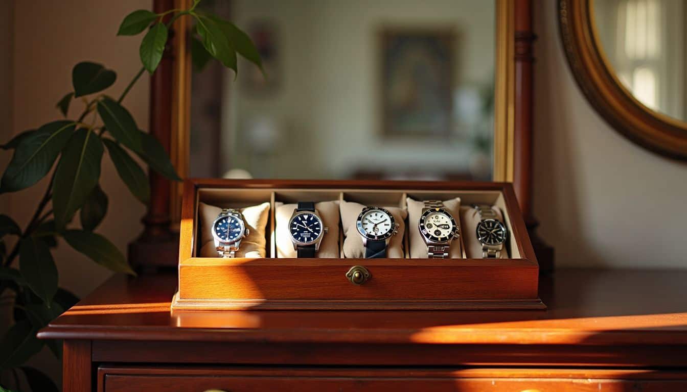 A wooden watch display case with stylish watches on a vintage dresser.