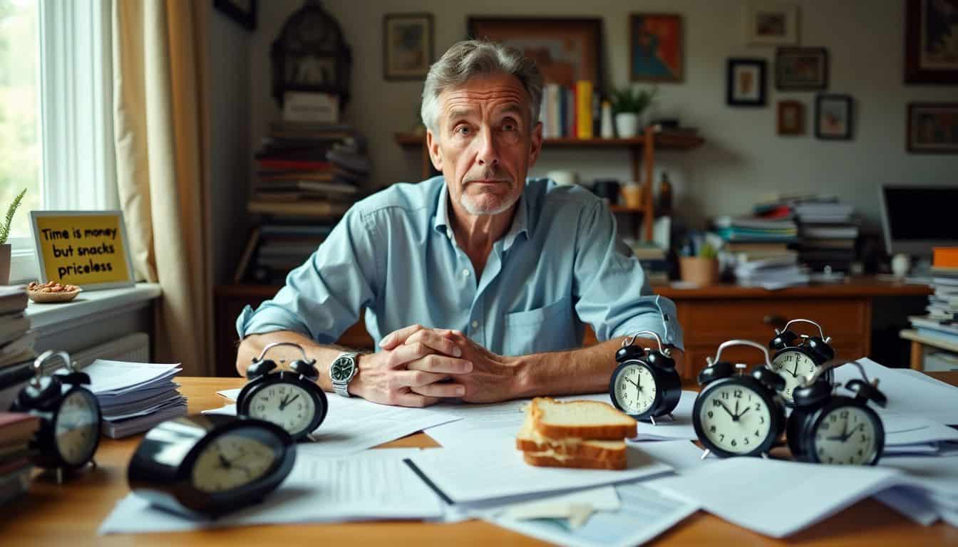 A man at a messy desk budgeting for watches and snacks.