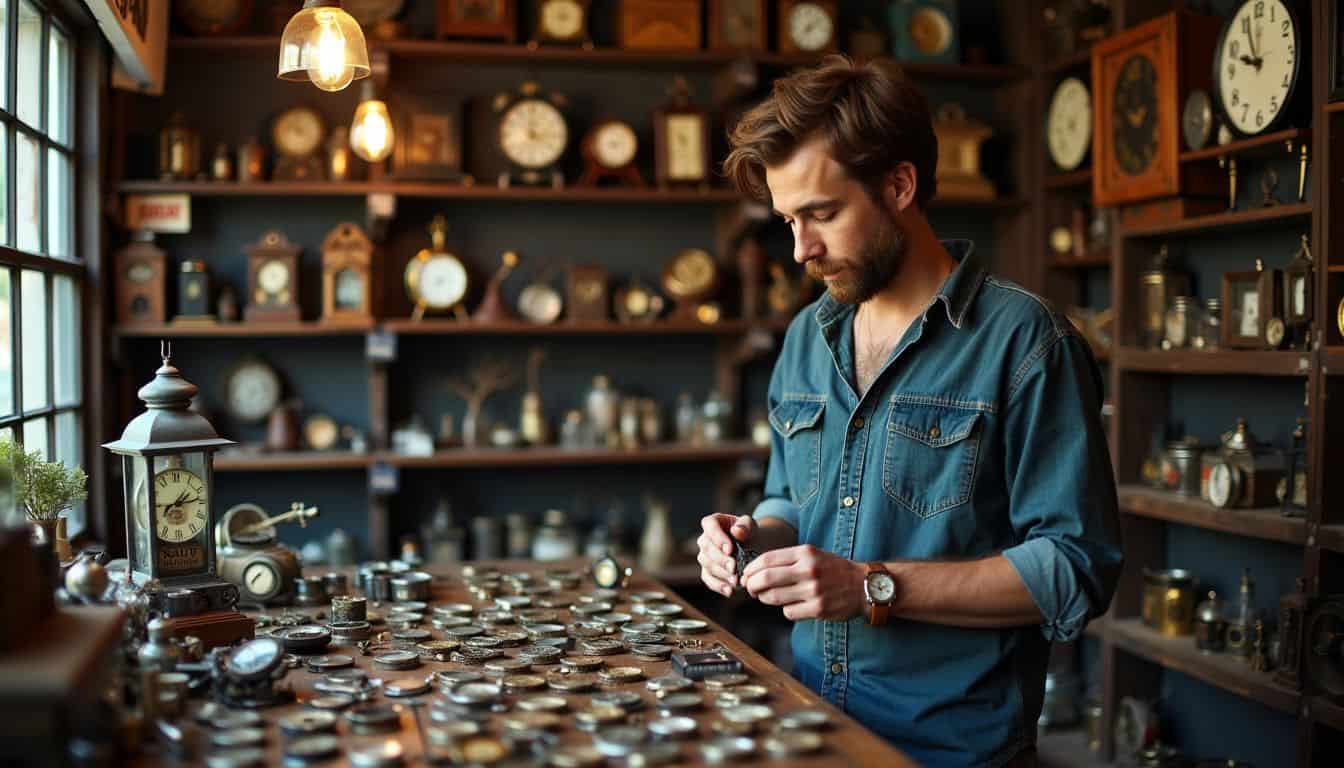 A man explores vintage watches and quirky gadgets in a dimly lit shop.