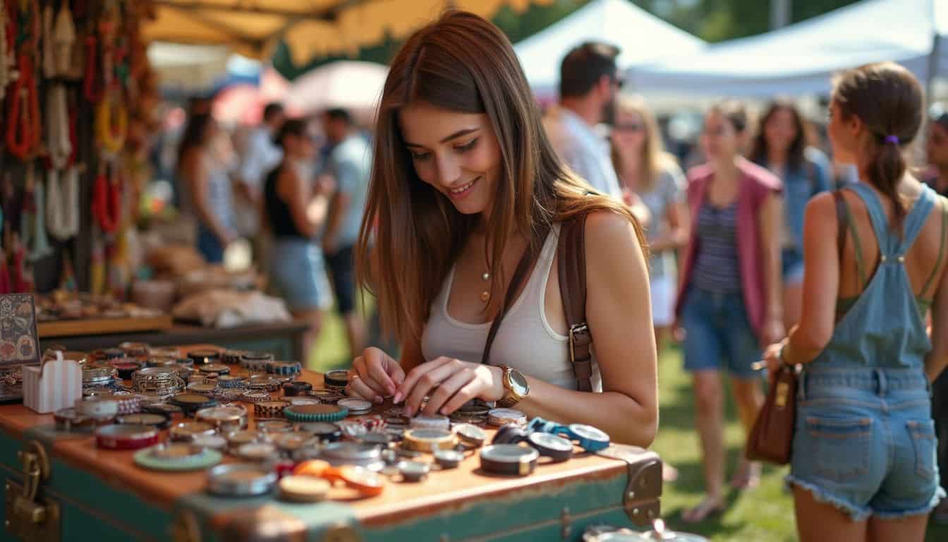 A woman browsing colorful watches at a bustling flea market.