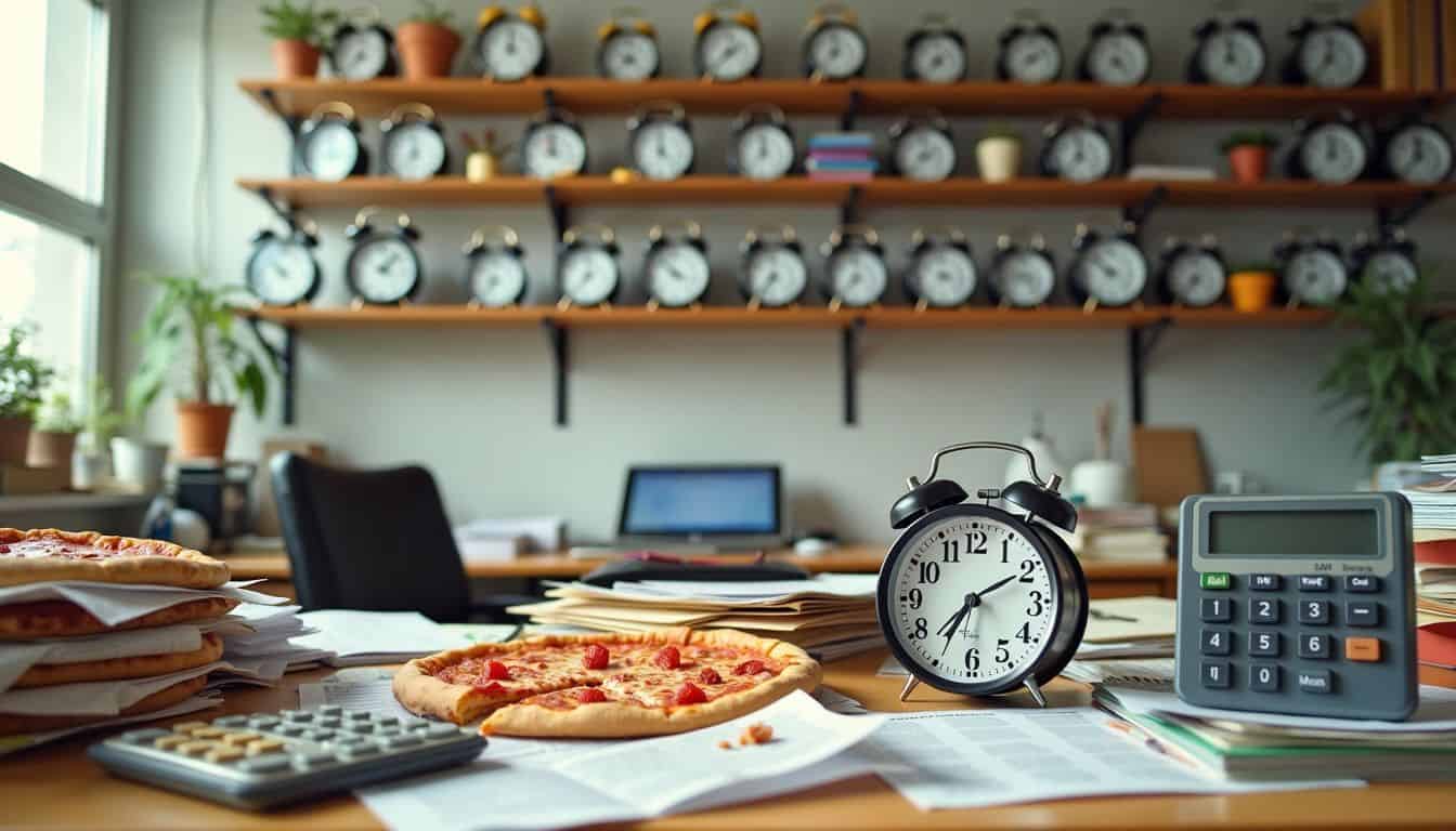 A cluttered office desk with overdue menus, food containers, and multiple alarm clocks.