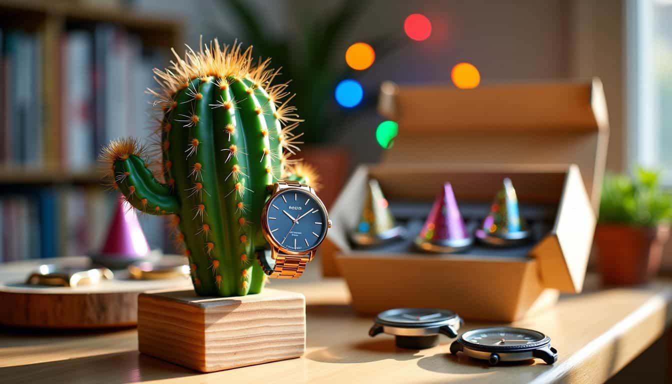 A playful display of affordable watches and a confused cactus trying to repair a watch.