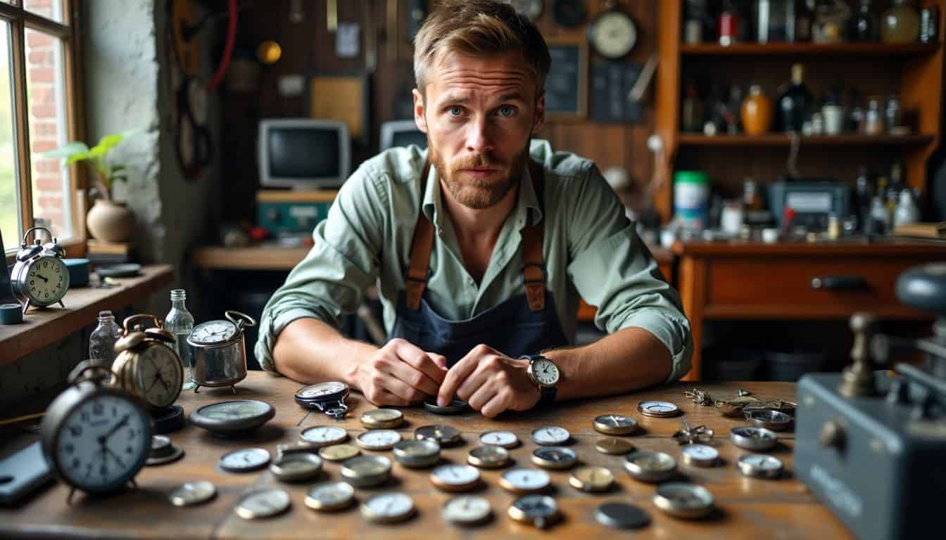 A man in a casual workshop polishing vintage watches and clocks.