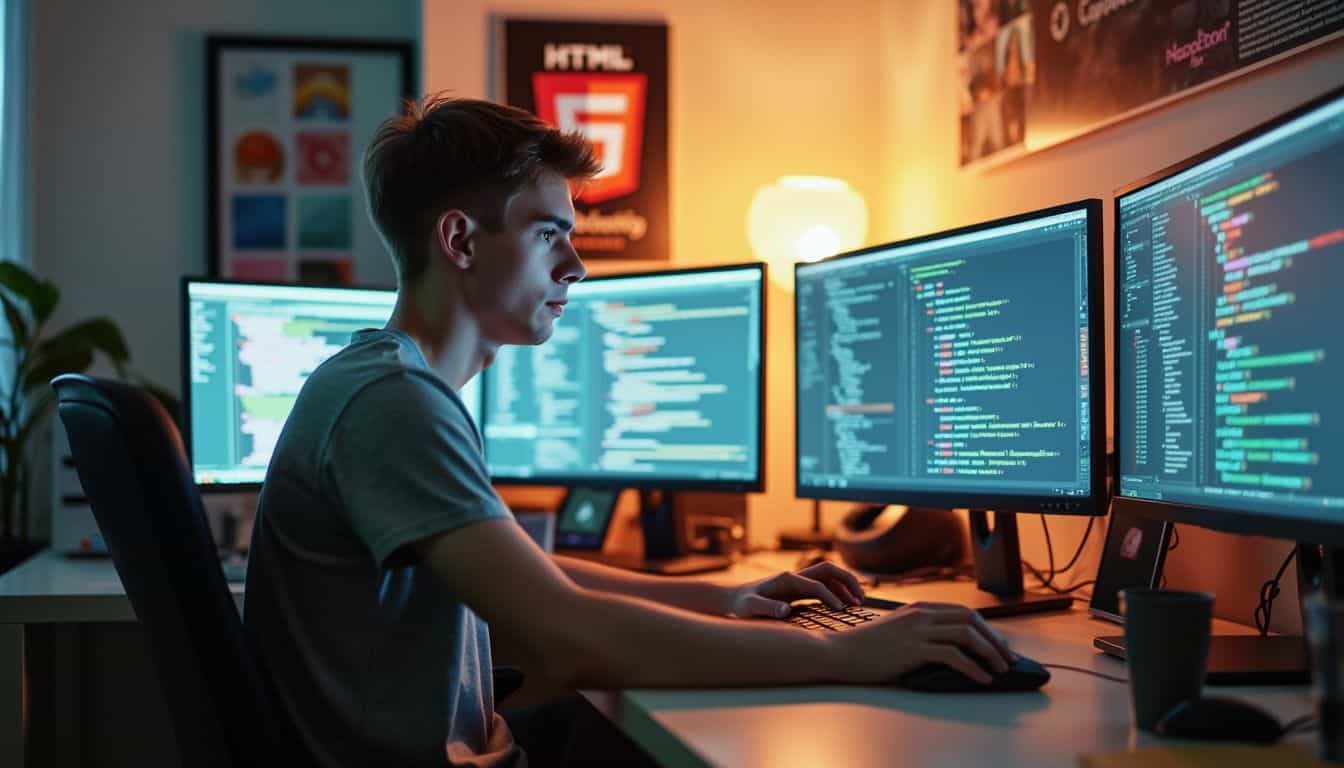 Un jeune développeur de jeux indépendant travaillant sur un jeu à son bureau.