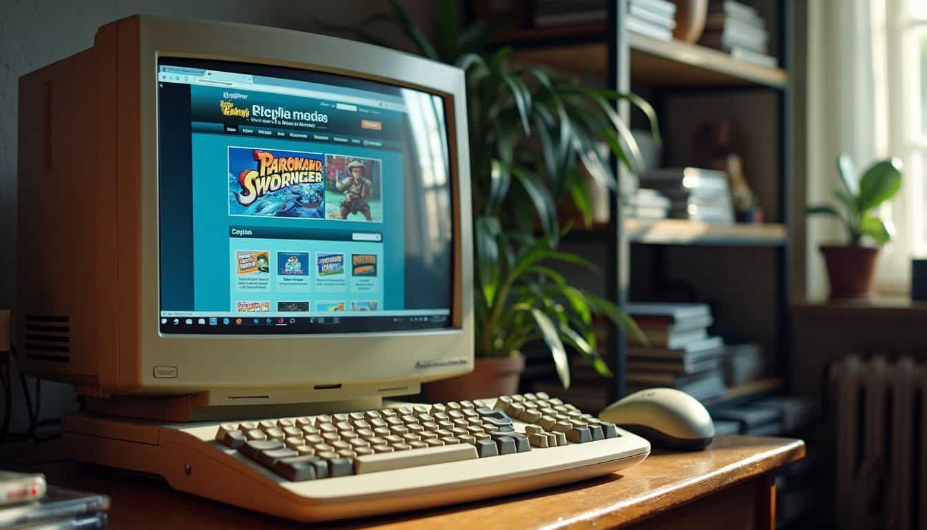 Un vieil ordinateur de bureau avec un écran CRT affiche un site Web de jeux basé sur un navigateur de la fin des années 90 dans un cadre nostalgique.