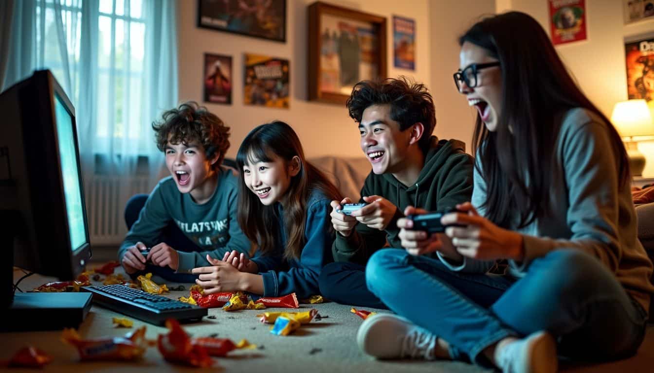 Quatre adolescents s'amusent à jouer à des jeux Flash sur un ordinateur de bureau.