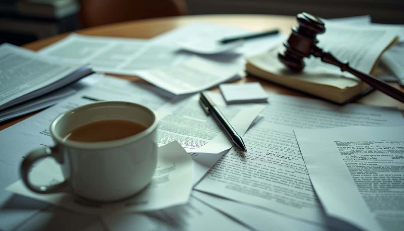 Un bureau encombré avec des documents juridiques, un contrat déchiré, un stylo cassé et une tasse de café à moitié vide.