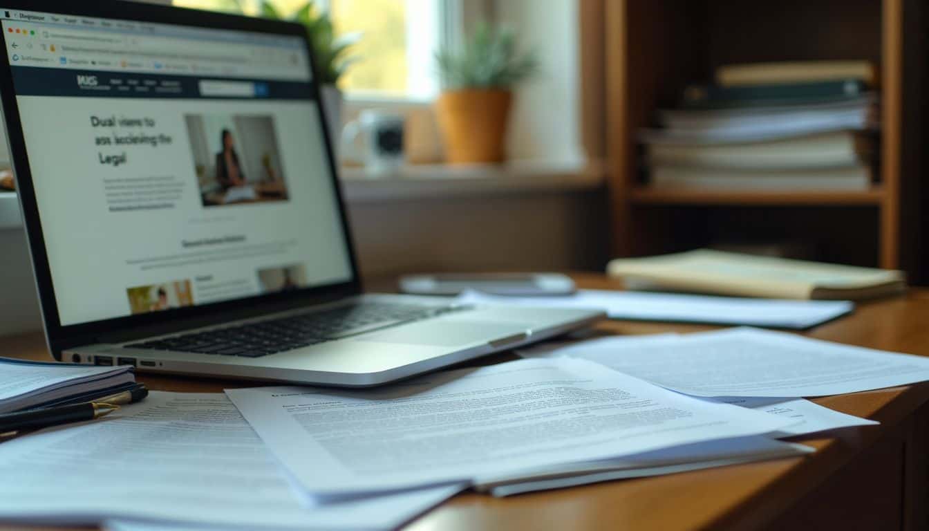 Un bureau à domicile encombré avec des documents juridiques et un ordinateur portable pour la recherche juridique.