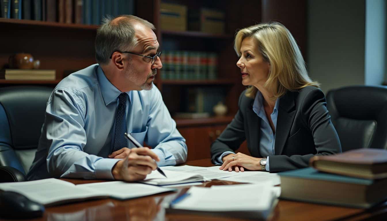 Un avocat et une cliente discutent du secret professionnel entre avocat et client dans un cabinet d'avocats encombré.