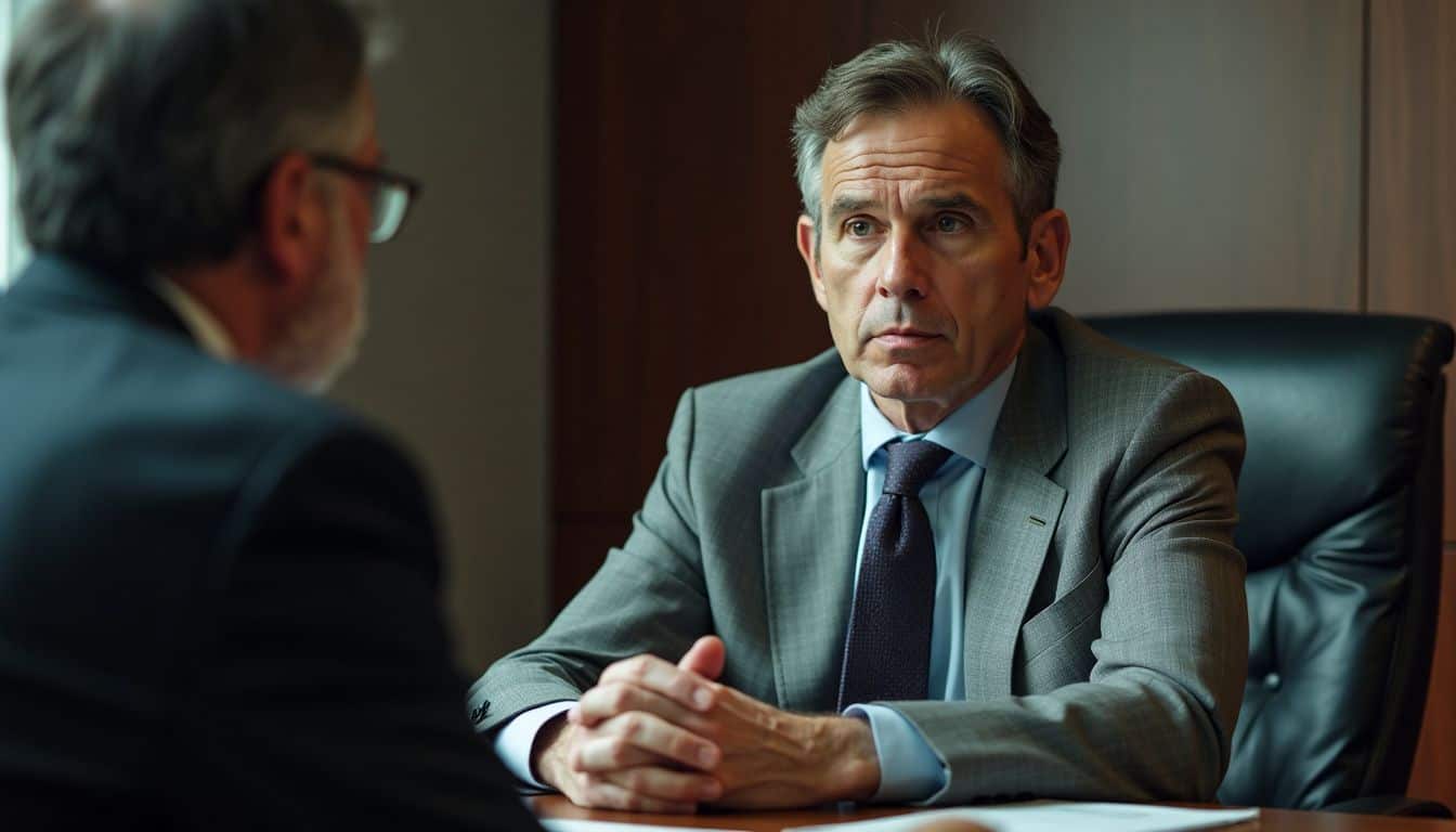 Un homme d'une quarantaine d'années a une discussion sérieuse avec son avocat dans le cabinet d'un avocat.