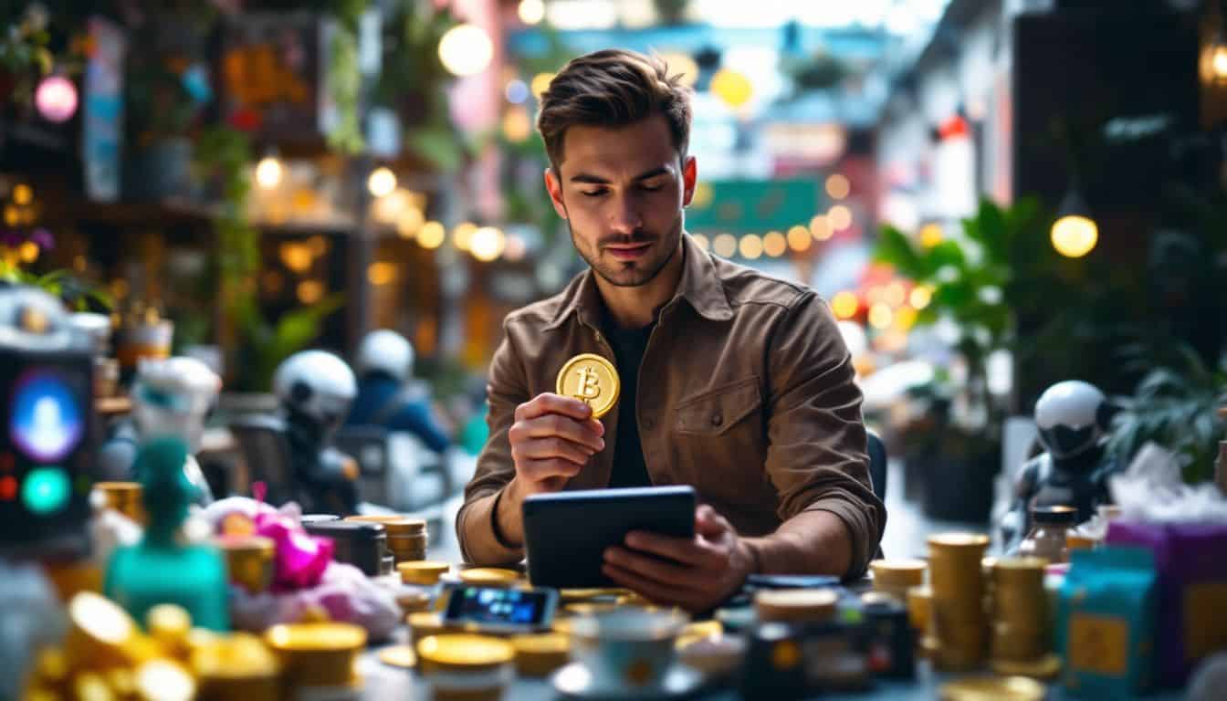 Virtual world trade of digital items for cryptocurrency, emphasizing global earning potential.