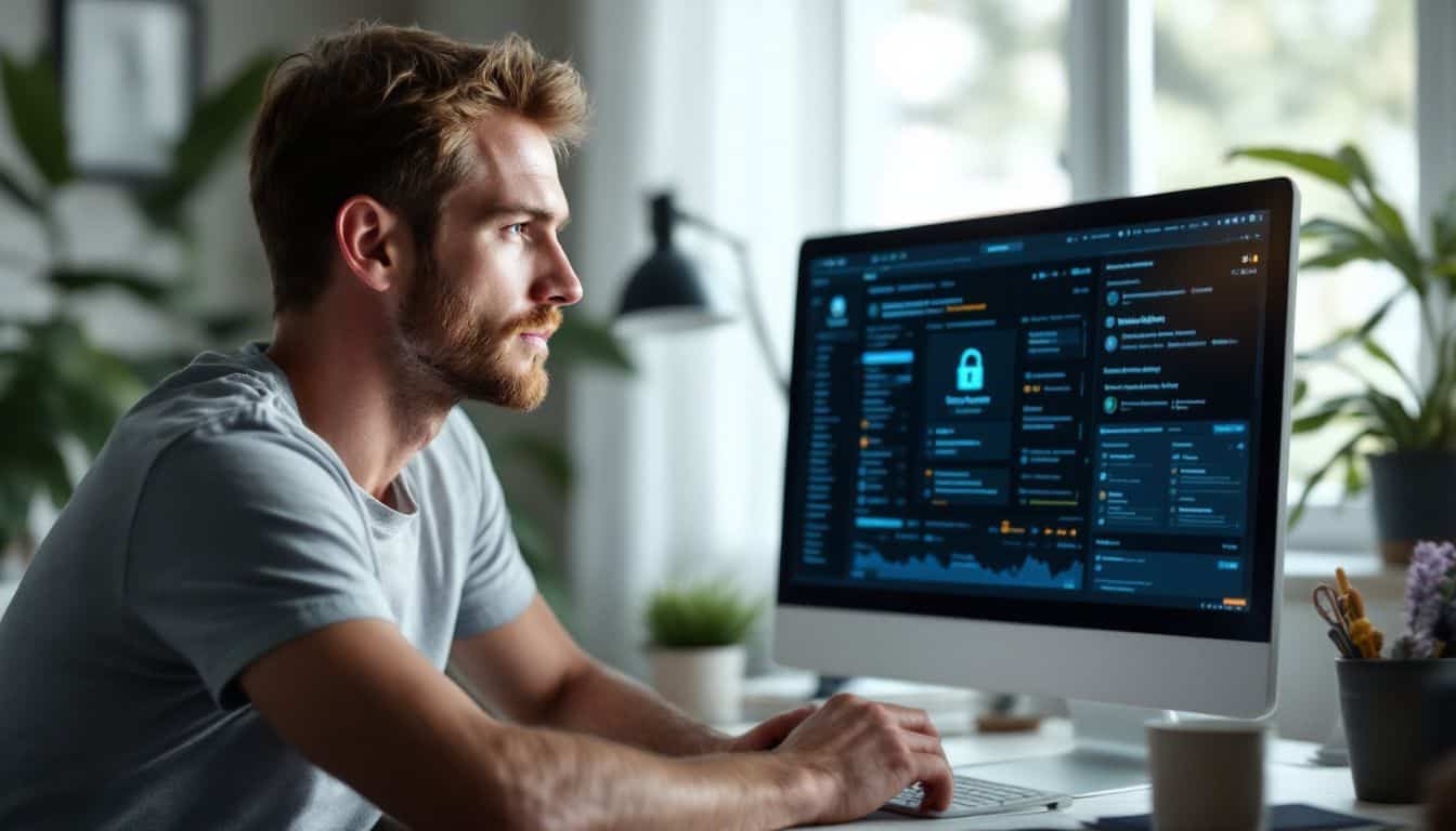 A man in his mid-30s is focused on a blockchain security interface on his computer screen at a desk.