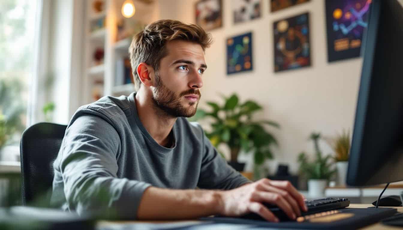 A man in his 30s playing Axie Infinity on his computer.