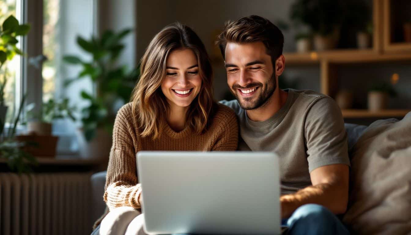 A young couple smiling while trading in-game assets on a laptop.