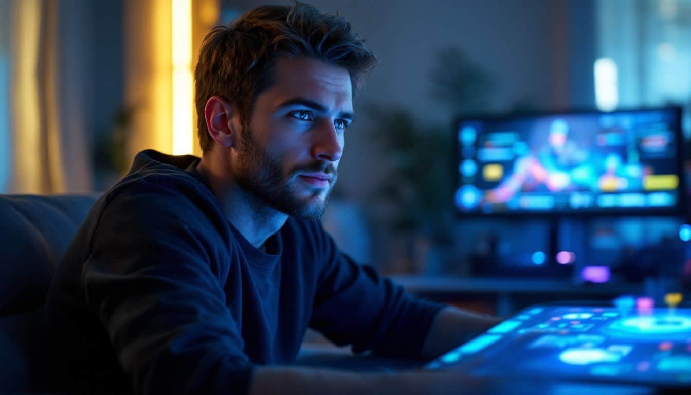 A man playing a blockchain-based game on a holographic display.