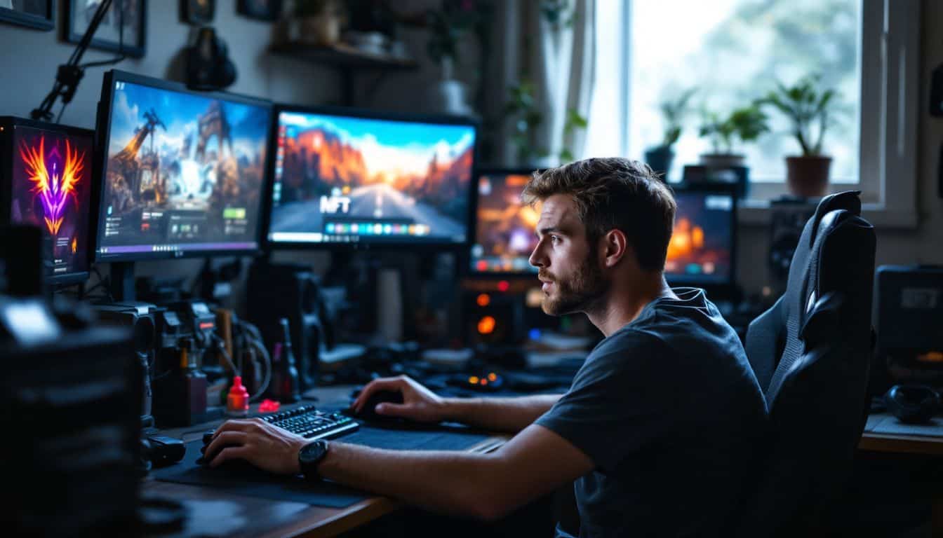 A man in his 30s sitting at a cluttered desk with gaming items and computer screens.