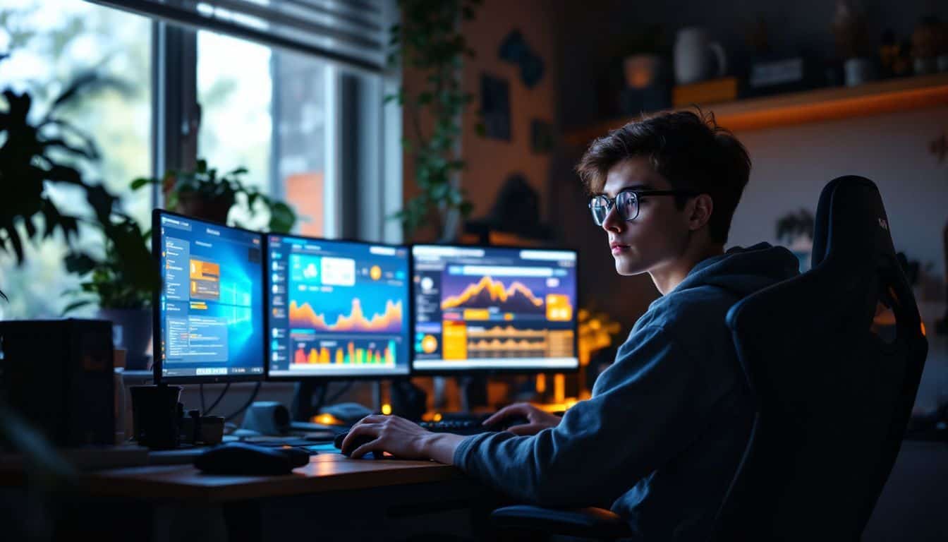 A focused teenage gamer sits at a cluttered desk with gaming equipment and computer screens.