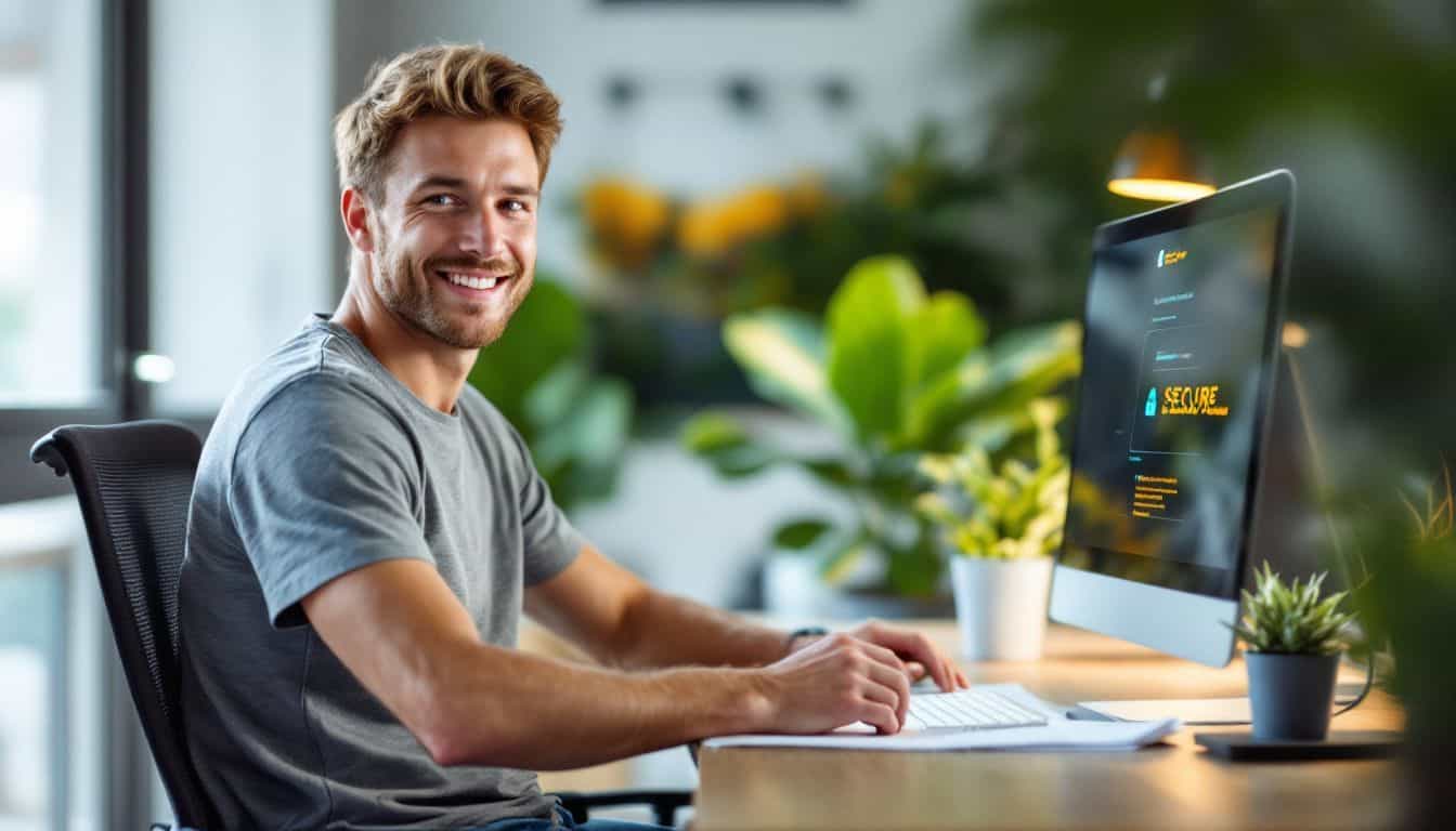 A man in his 30s working on a blockchain transaction at his desk.