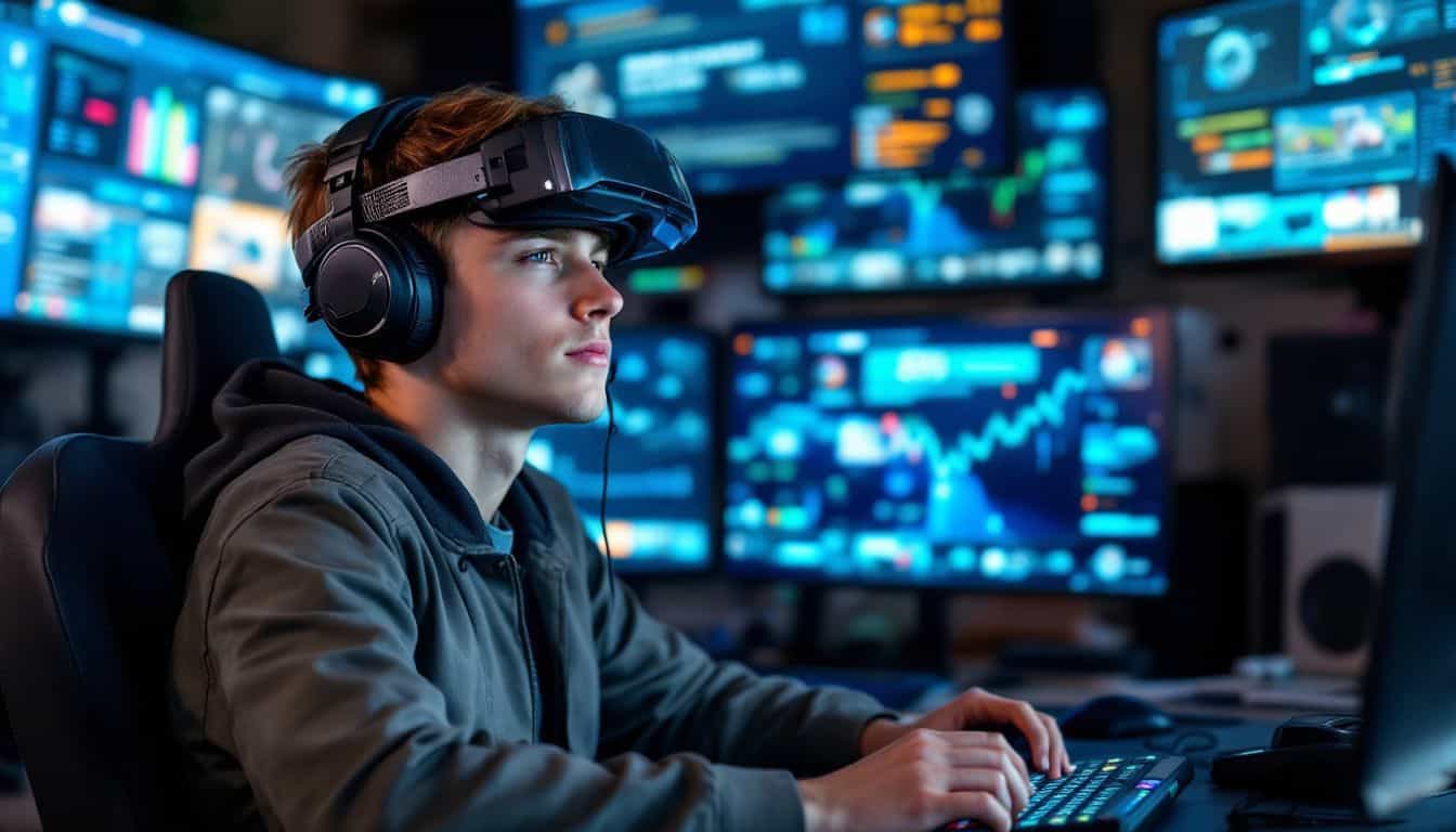 A male teenager sits surrounded by digital screens displaying blockchain and gaming interfaces.