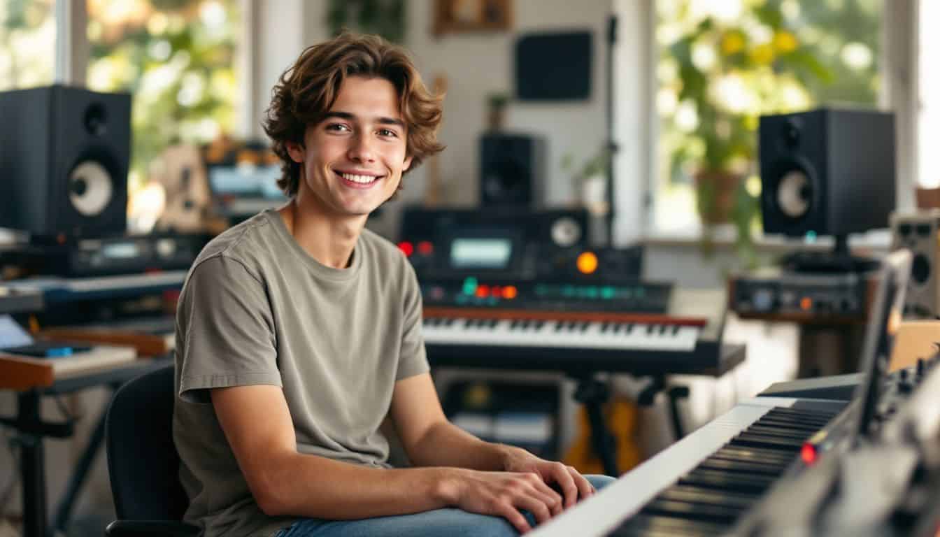 A young musician in a contemporary studio using AI-powered instruments.